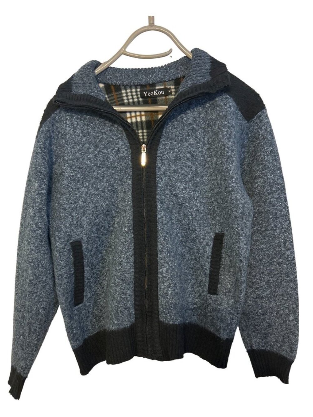 YeoKou Sz S Cashmere Wool Blend Zip Up Jacket Blue Fleece Lined Winter Sweater - Picture 2 of 10